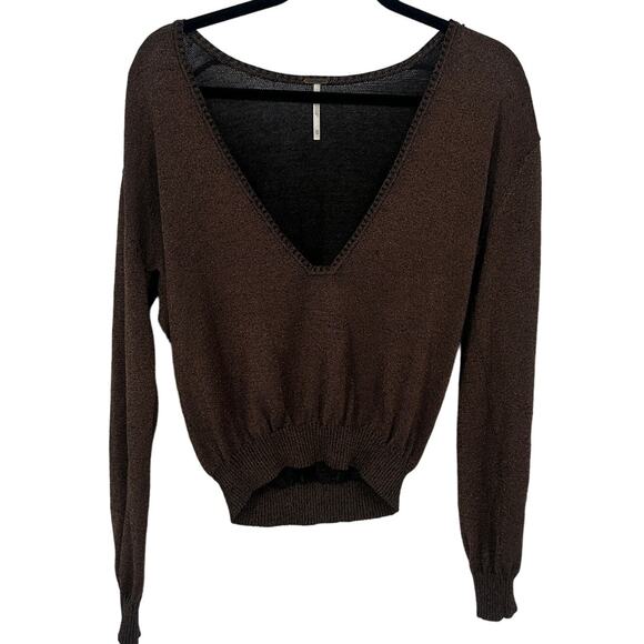 Free People linen long sleeve blouse size XS deep V shiny brown sexy going out - Picture 1 of 9